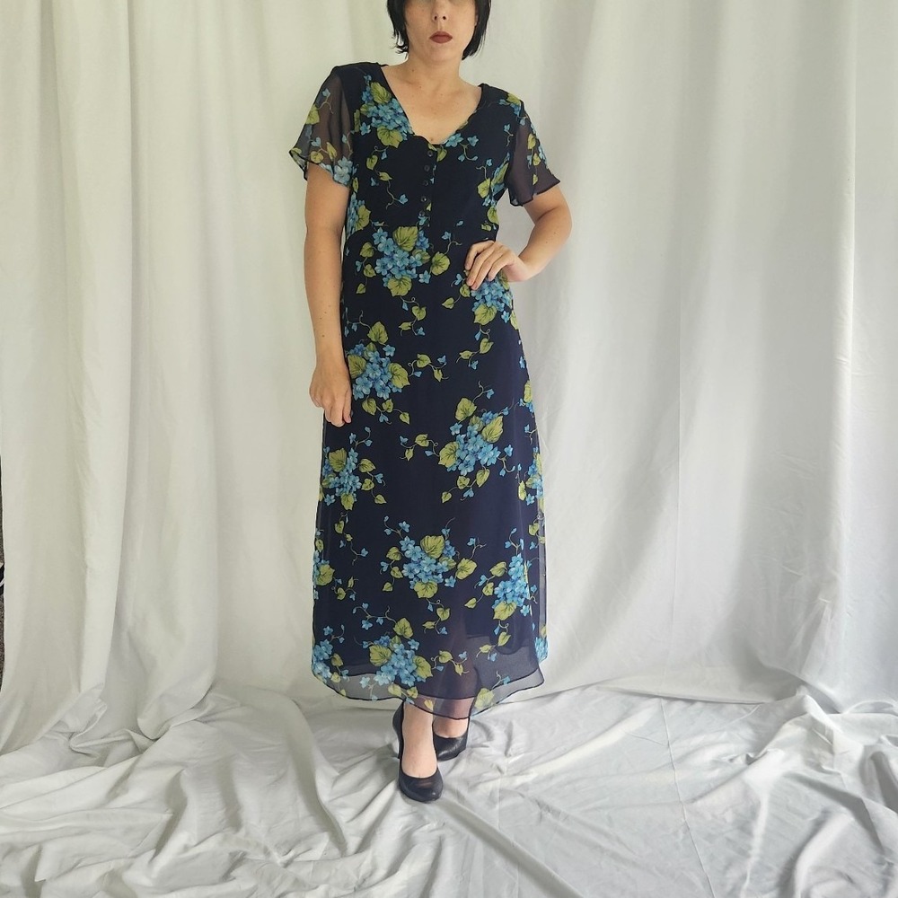 90s Blue and Green Floral Cottagecore Dress‎
